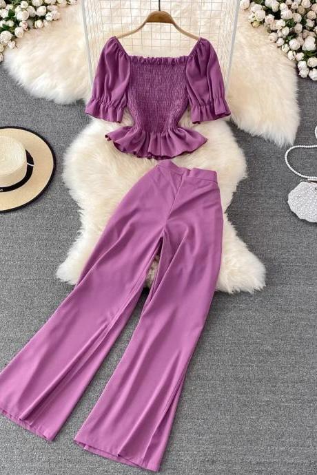 Elegant Purple Ruffle Top And Wide-leg Pants Set