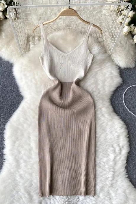 Elegant Ribbed Knit Sleeveless Cowl Neck Midi Dress