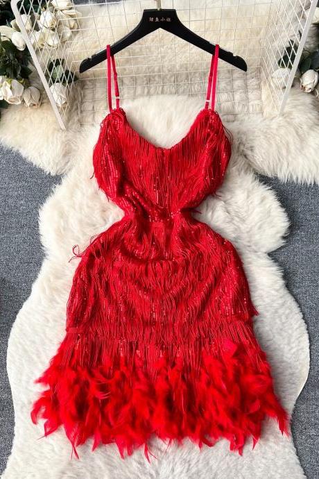 Womens Red Fringe Sequin Party Cocktail Dress