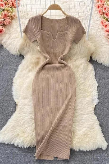 Elegant Ribbed Midi Dress With Puff Sleeves - Beige
