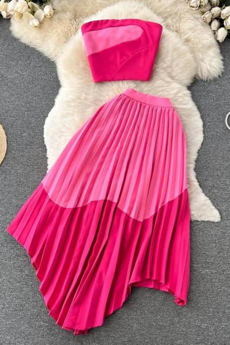 Elegant Strapless Top With Asymmetric Pleated Skirt Set