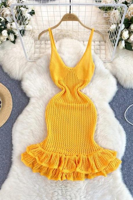 Womens Sleeveless Summer Knit Halter Dress With Ruffle