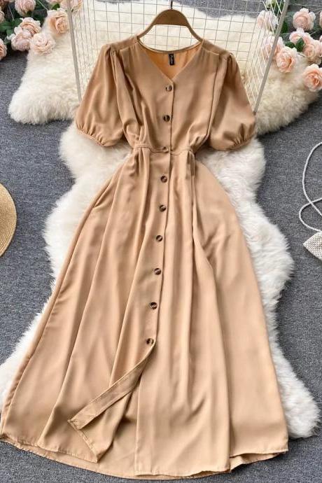 Elegant V-neck Button Down Midi Summer Dress