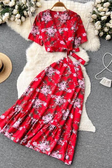 Floral Kimono Wrap Top And Pleated Midi Skirt Set