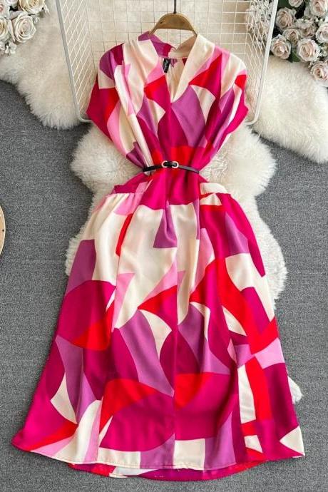 Womens Geometric Print Belted Midi A-line Dress