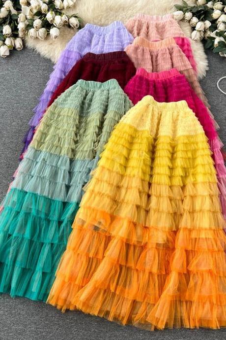 Womens High Waist Pleated Tulle Maxi Skirt Rainbow