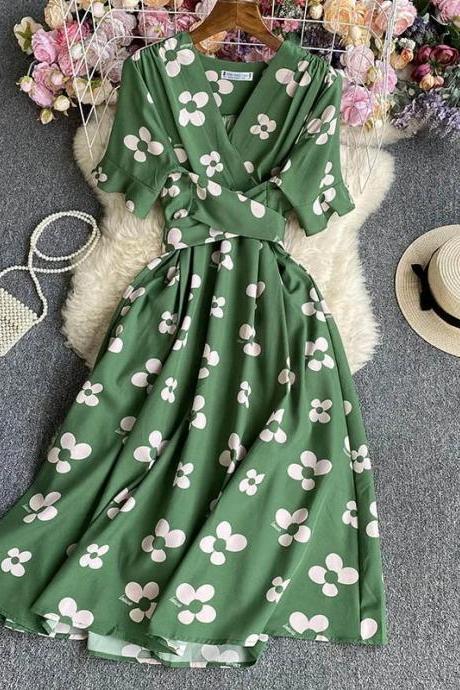 Womens Floral V-neck Midi Dress With Belted Waist