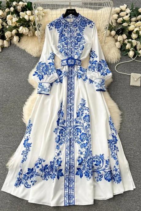 Elegant Long-sleeve Blue Floral Print Maxi Dress
