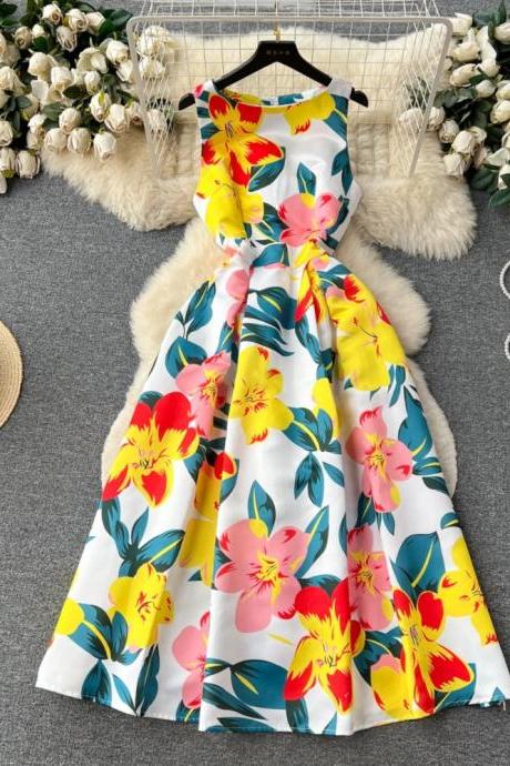 Elegant Floral Print Sleeveless Summer Party Dress