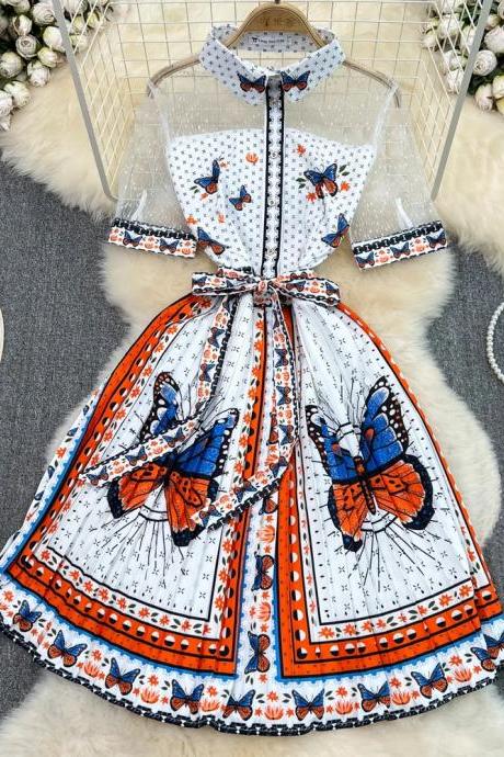 Womens Butterfly Print Short Sleeve Vintage Dress