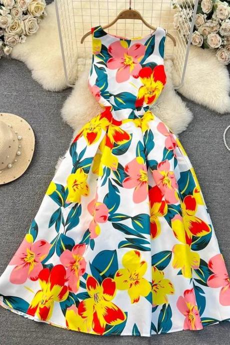 Elegant Floral Print Sleeveless Summer Midi Dress