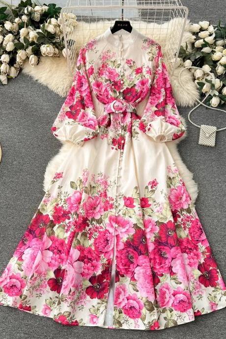 Elegant Floral Belted Midi Dress With Lantern Sleeves