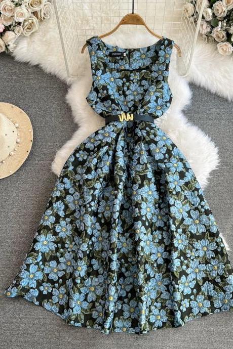 Womens Vintage Floral Print Belted A-line Midi Dress