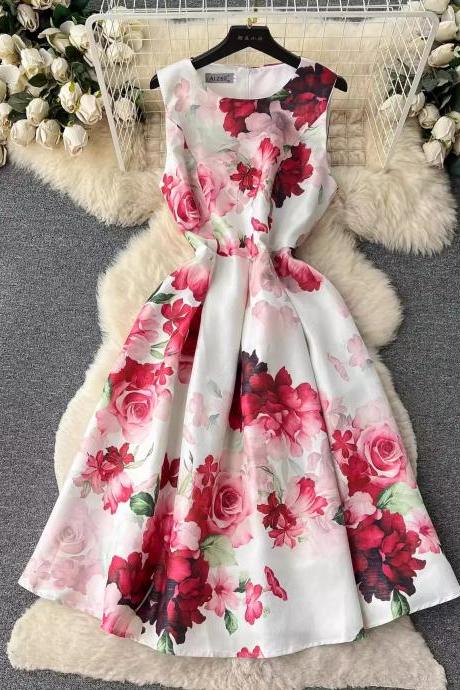 Elegant Floral Print Sleeveless Cocktail Party Dress