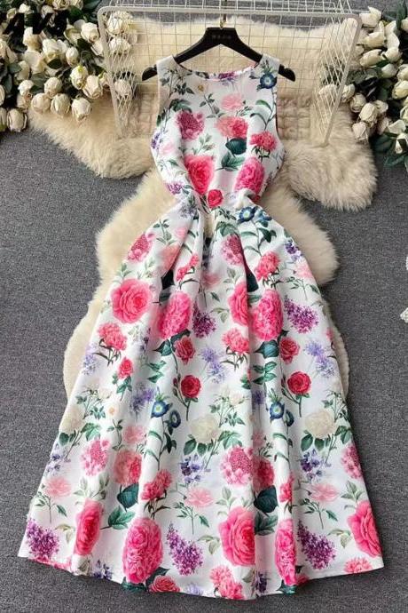 Elegant Floral Sleeveless Belted Midi Summer Dress