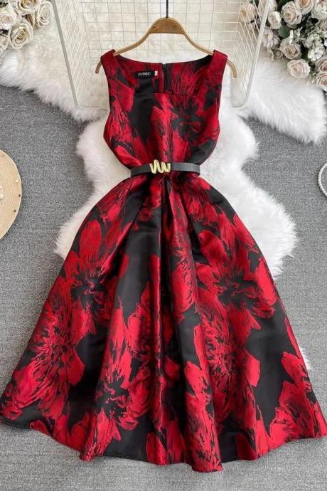 Elegant Sleeveless Red Floral Print Midi Dress With Belt