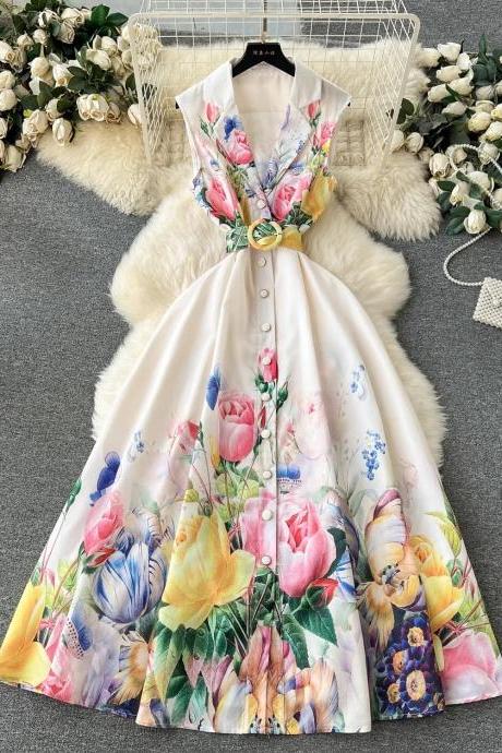 Elegant Floral Print Sleeveless Midi Summer Dress