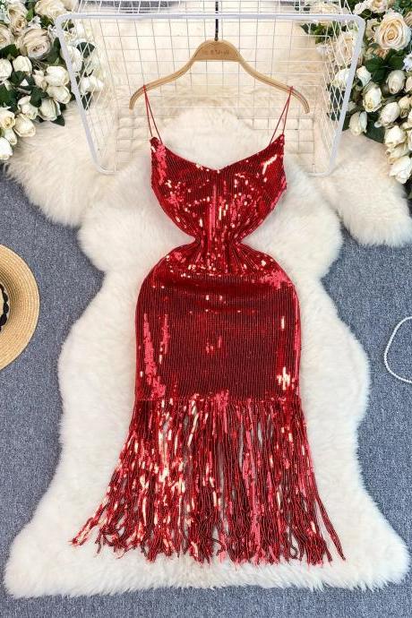 Sparkling Red Sequin Fringe Party Dress For Women