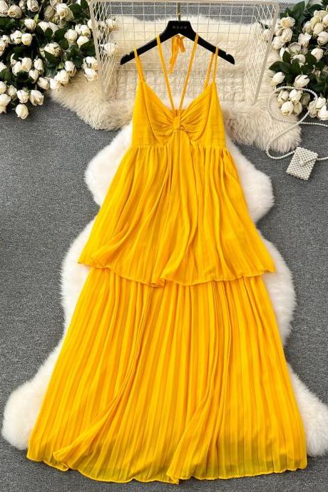 Womens Flowy Pleated Spaghetti Strap Summer Dress Yellow