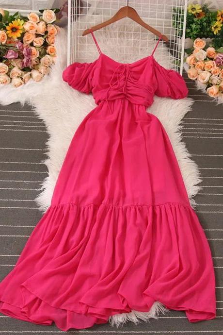 Elegant Pink Maxi Dress With Ruffle Hemline