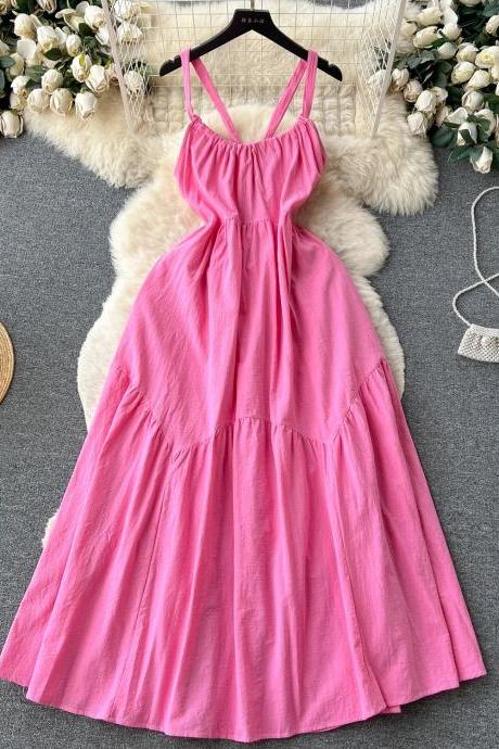 Womens Pink Spaghetti Strap Summer Maxi Dress