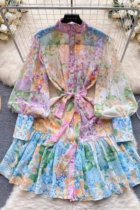 Womens Floral Print Tie Waist Sheer Mini Dress