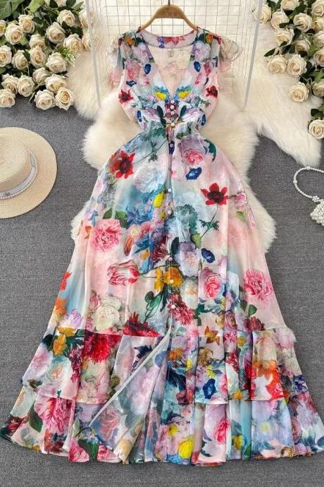 Womens Floral Print Summer Flowy Maxi Dress With Sleeves