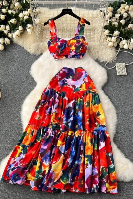 Womens Colorful Floral Print Summer Maxi Dress With Pockets