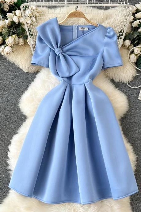 Elegant Blue Satin Cocktail Dress With Bow Accent