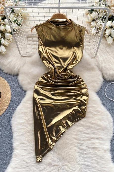 Womens Elegant Gold Satin Sleeveless High-neck Dress