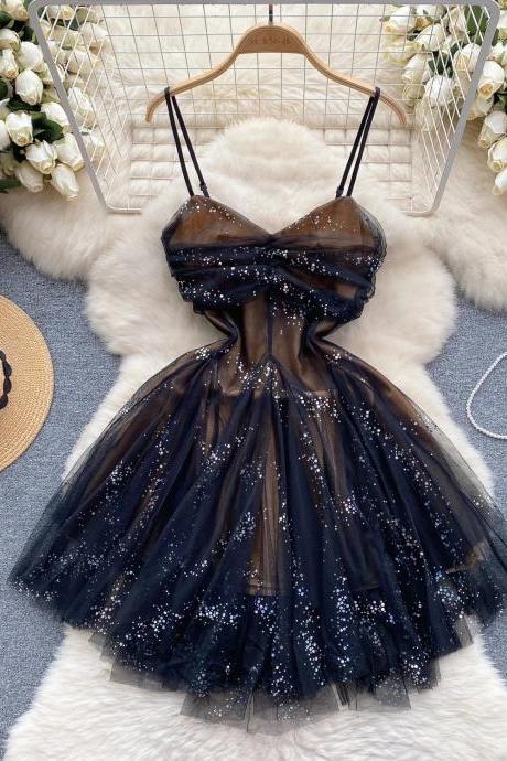 Sparkling Navy Tulle Cocktail Dress With Glitter Accents