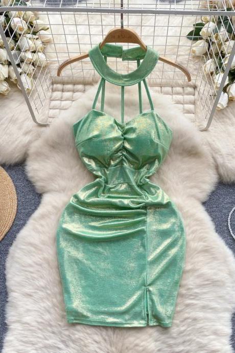 Womens Shiny Green Cocktail Dress With Choker Neckline