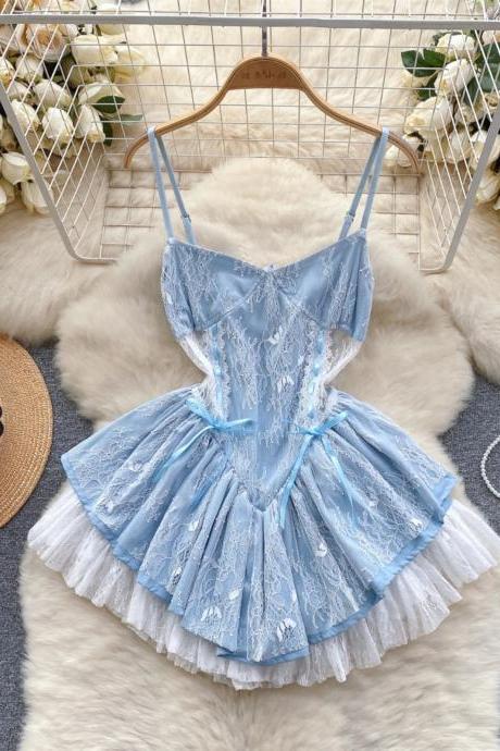 Womens Light Blue Lace Flare Dress With Ruffles