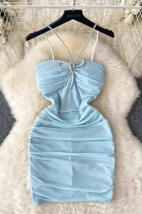 Womens Light Blue Halter Neck Bodycon Mini Dress