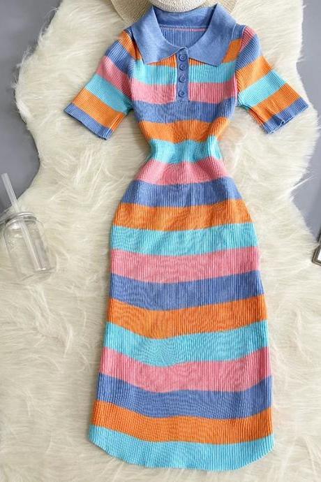 Womens Casual Striped Short Sleeve Knitted Midi Dress