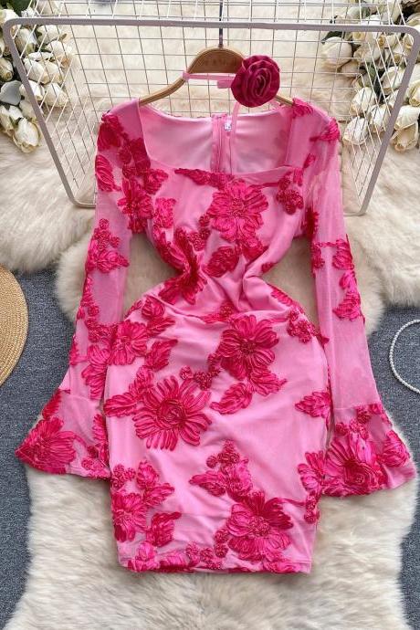 Elegant Pink Floral Lace Long Sleeve Cocktail Dress