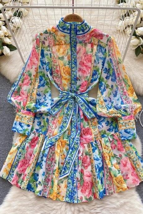 Floral Print Tie-back High Neck Pleated Dress