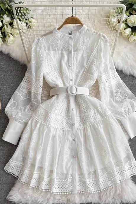 Elegant White Floral Lace Dress With Faux Fur Trim