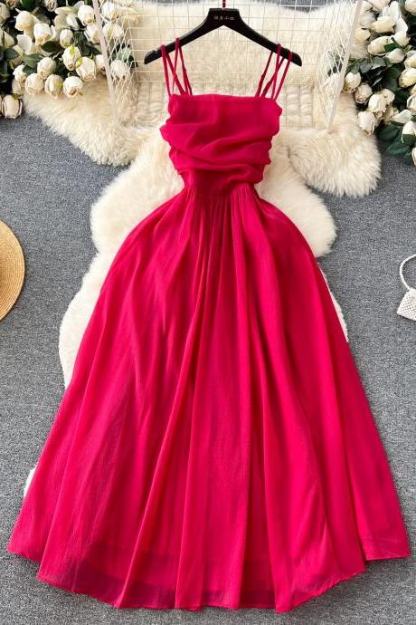 Elegant Fuchsia Pleated Summer Maxi Dress With Straps