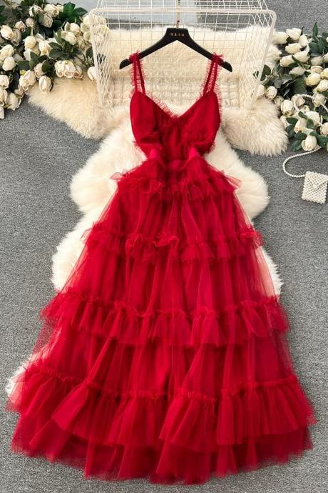 Elegant Red Sleeveless Tulle Evening Gown For Women