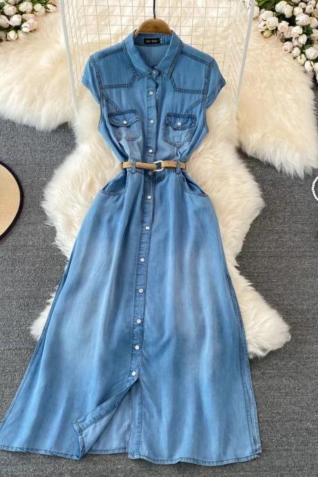 Womens Buttoned Midi Denim Dress With Belted Waist
