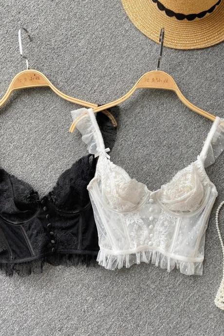 Lace Embellished Bralette Set With Ruffle Detailing