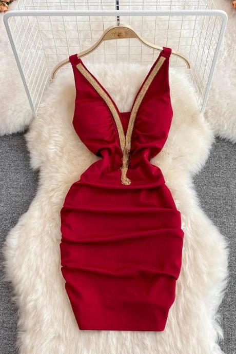 Elegant Red V-neck Dress With Gold Trim Accents