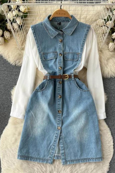 Womens Casual Denim And White Shirt Dress With Belt