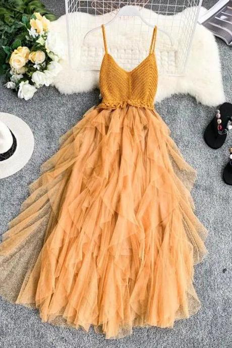 Elegant Mustard Tulle Maxi Dress With Knitted Bodice