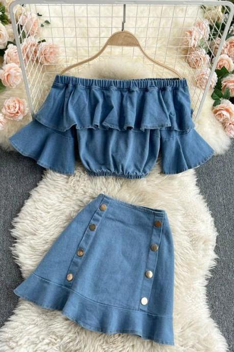 Chic Denim Ruffle Crop Top And Skirt Set