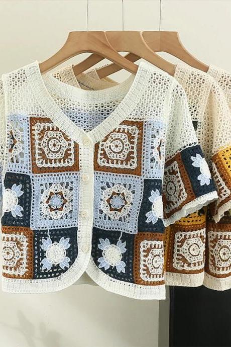Bohemian Crochet Patchwork Short Sleeve Cardigan Sweater