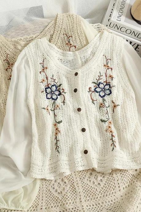 Bohemian Embroidered Knit Vest With Puff Sleeve Blouse