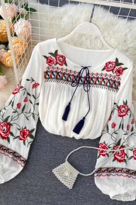 Bohemian Embroidered Long Sleeve Peasant Blouse With Tassels