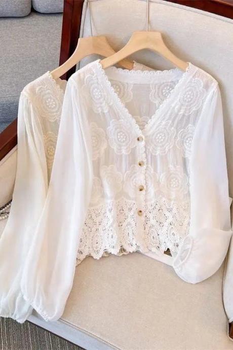 Elegant Long Sleeve Lace Blouse With Button Detail